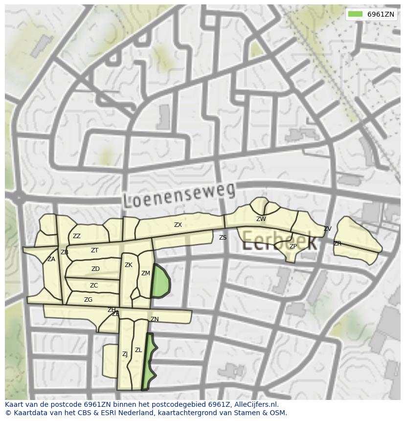 Afbeelding van het postcodegebied 6961 ZN op de kaart.