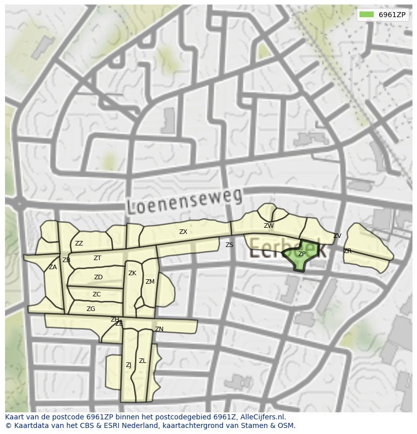 Afbeelding van het postcodegebied 6961 ZP op de kaart.