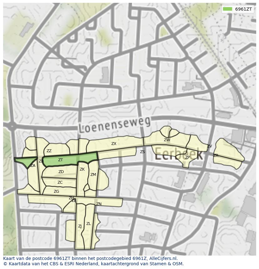 Afbeelding van het postcodegebied 6961 ZT op de kaart.
