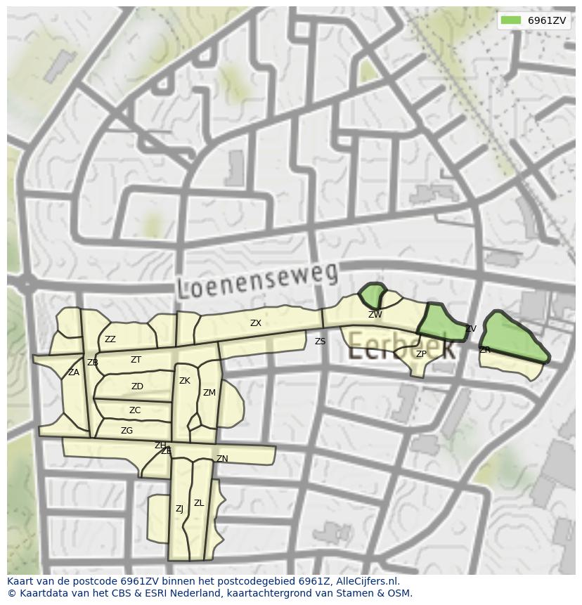 Afbeelding van het postcodegebied 6961 ZV op de kaart.