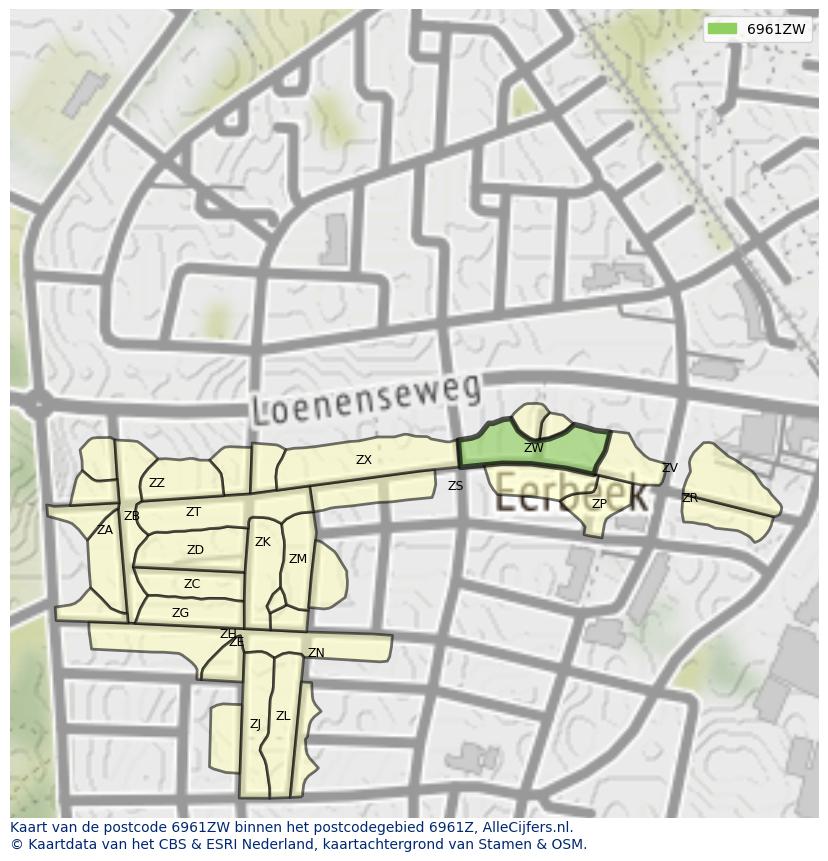 Afbeelding van het postcodegebied 6961 ZW op de kaart.