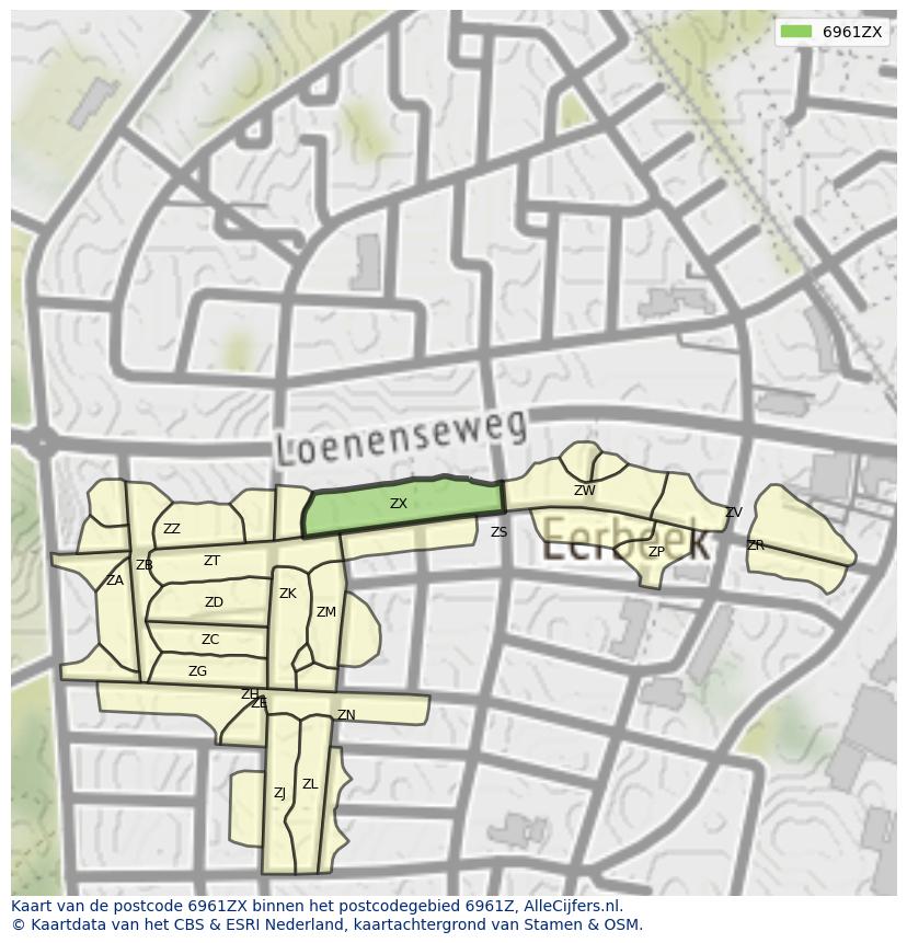 Afbeelding van het postcodegebied 6961 ZX op de kaart.