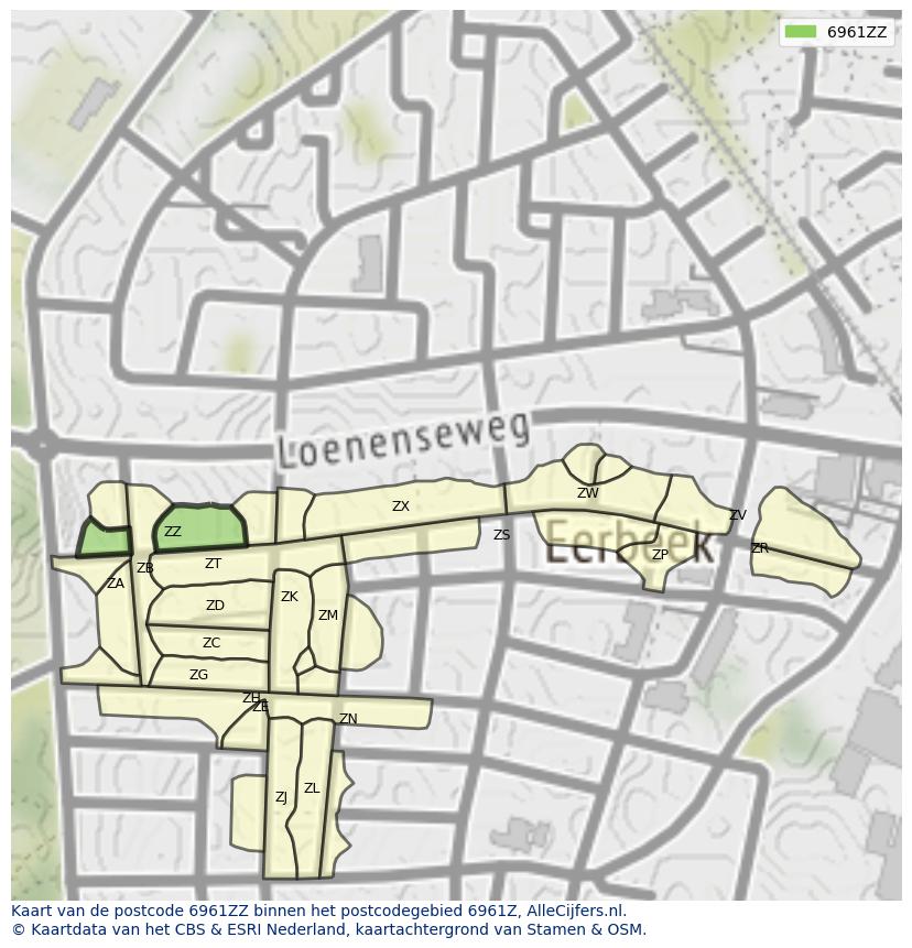 Afbeelding van het postcodegebied 6961 ZZ op de kaart.