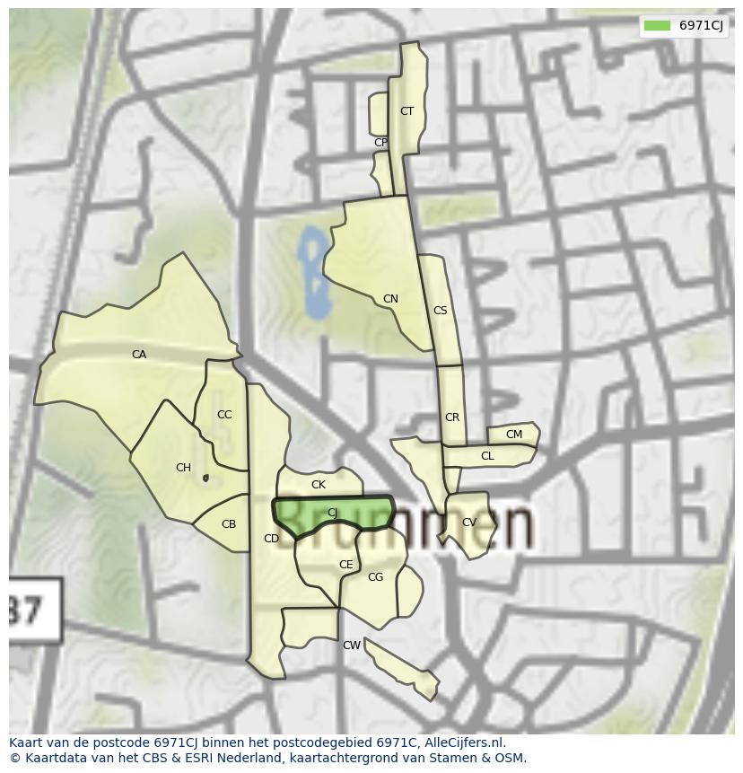 Afbeelding van het postcodegebied 6971 CJ op de kaart.