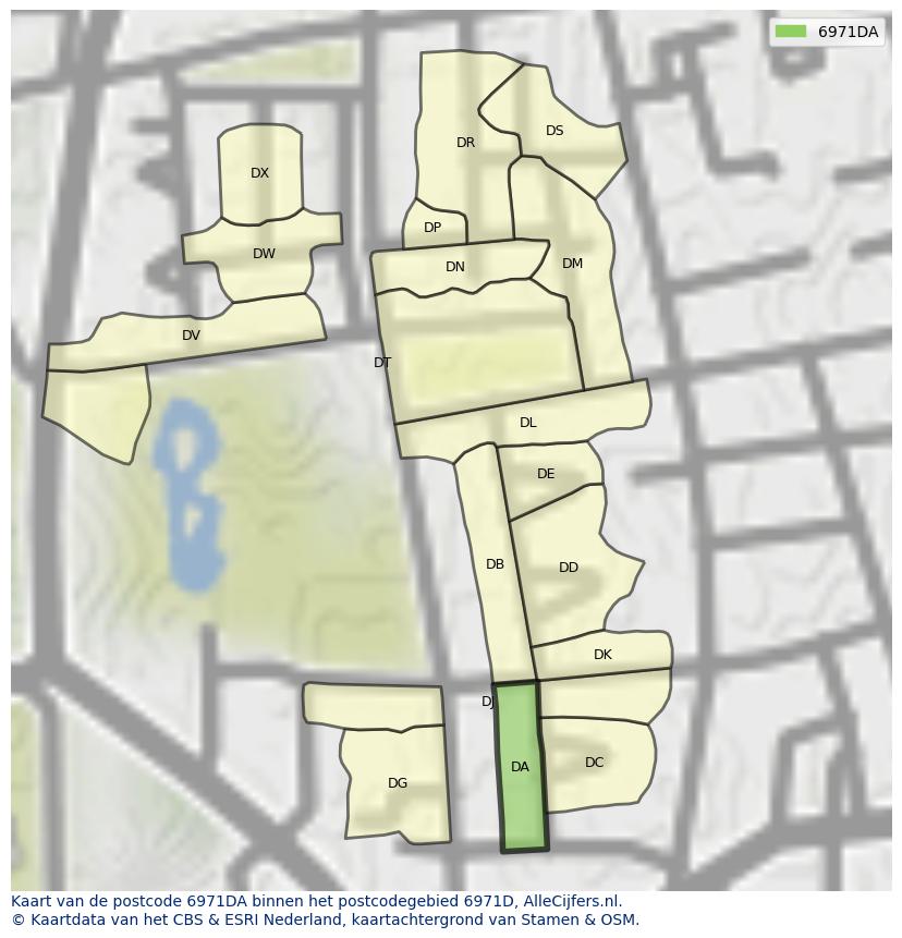 Afbeelding van het postcodegebied 6971 DA op de kaart.
