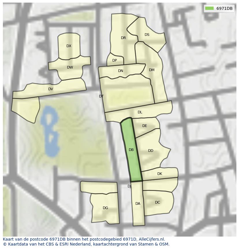Afbeelding van het postcodegebied 6971 DB op de kaart.
