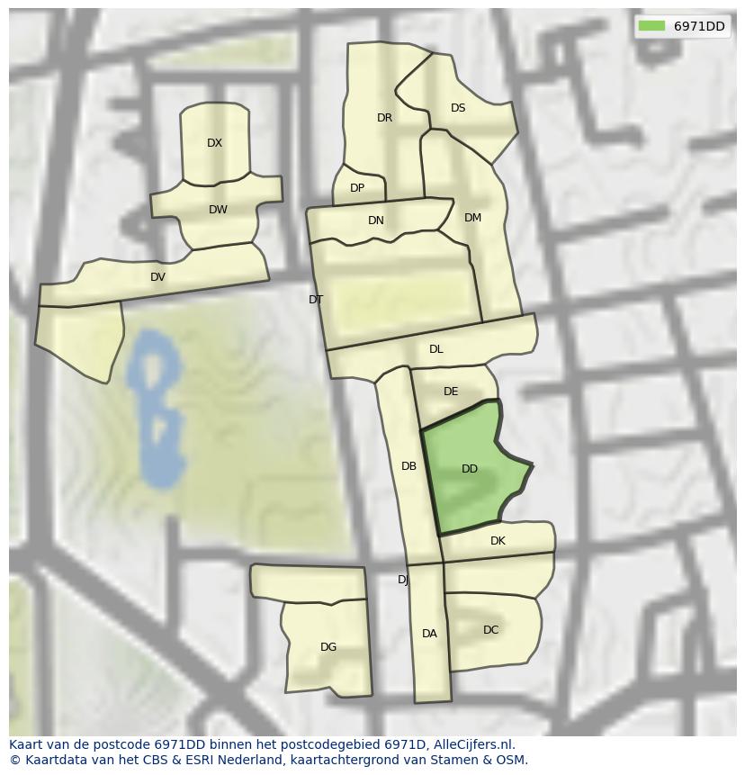 Afbeelding van het postcodegebied 6971 DD op de kaart.