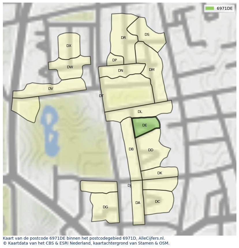 Afbeelding van het postcodegebied 6971 DE op de kaart.
