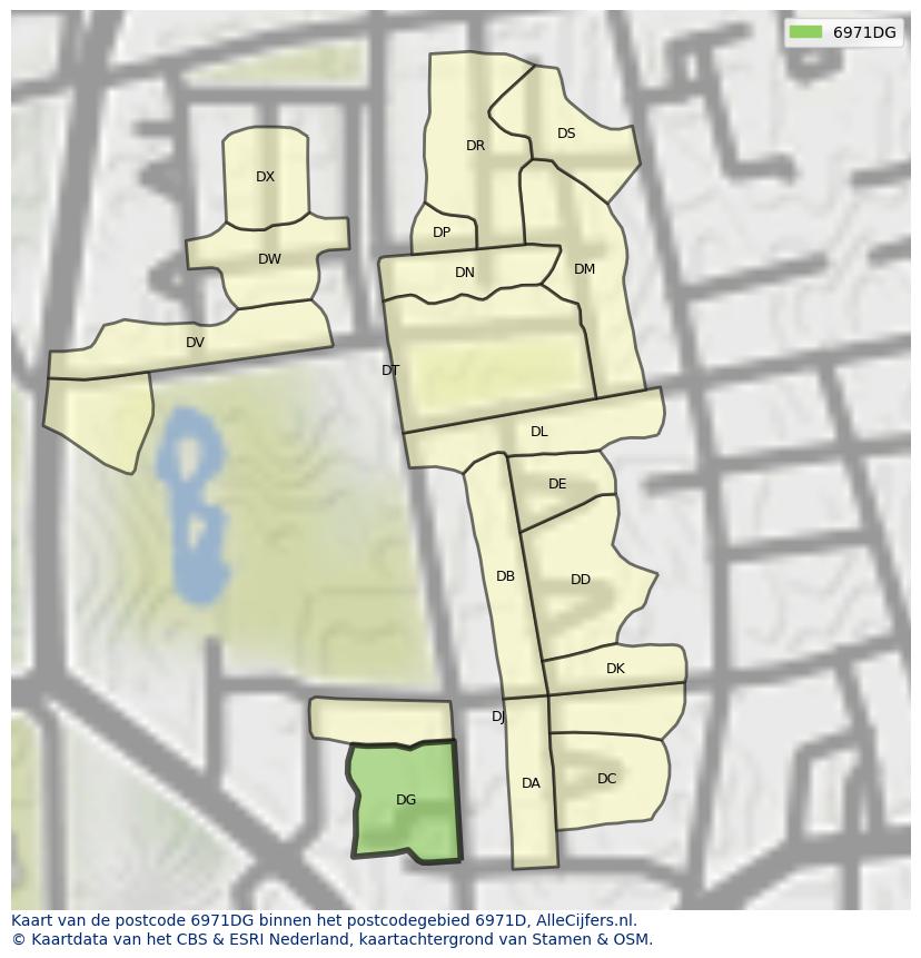 Afbeelding van het postcodegebied 6971 DG op de kaart.