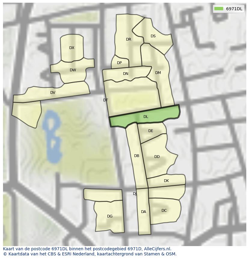 Afbeelding van het postcodegebied 6971 DL op de kaart.