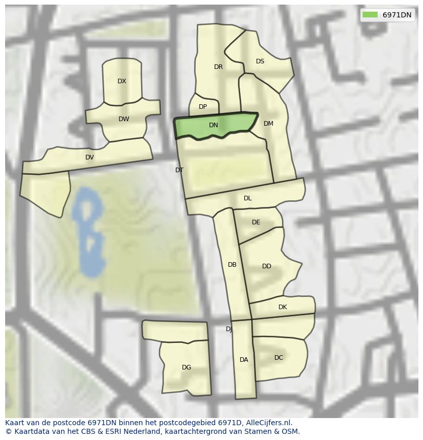 Afbeelding van het postcodegebied 6971 DN op de kaart.
