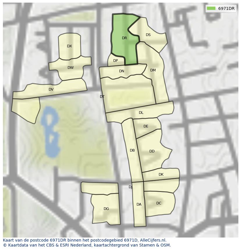 Afbeelding van het postcodegebied 6971 DR op de kaart.