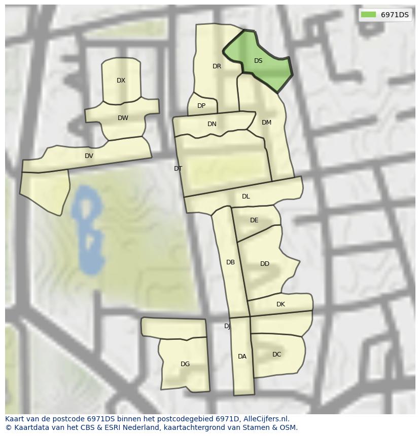 Afbeelding van het postcodegebied 6971 DS op de kaart.