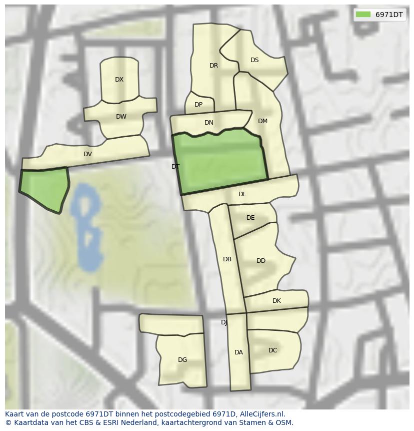 Afbeelding van het postcodegebied 6971 DT op de kaart.