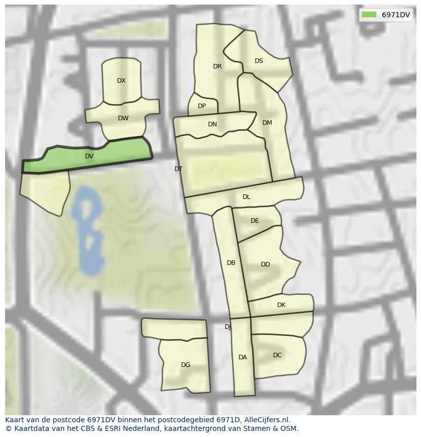 Afbeelding van het postcodegebied 6971 DV op de kaart.