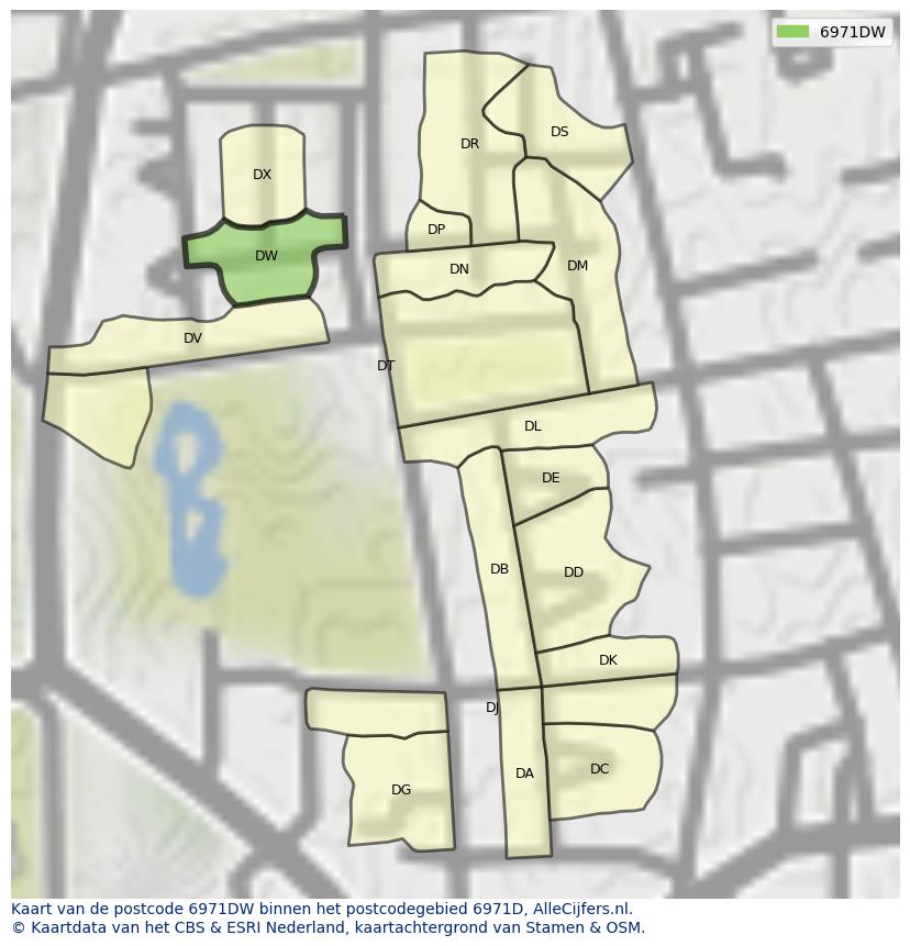 Afbeelding van het postcodegebied 6971 DW op de kaart.