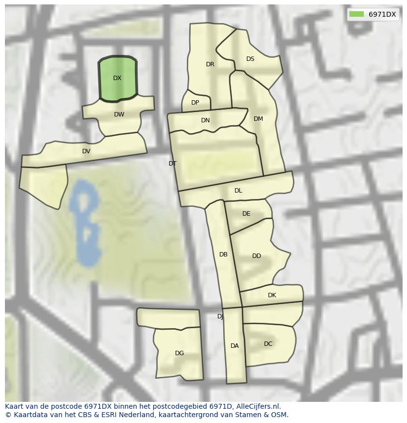 Afbeelding van het postcodegebied 6971 DX op de kaart.