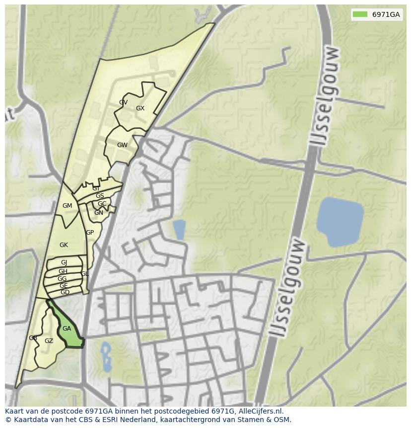Afbeelding van het postcodegebied 6971 GA op de kaart.