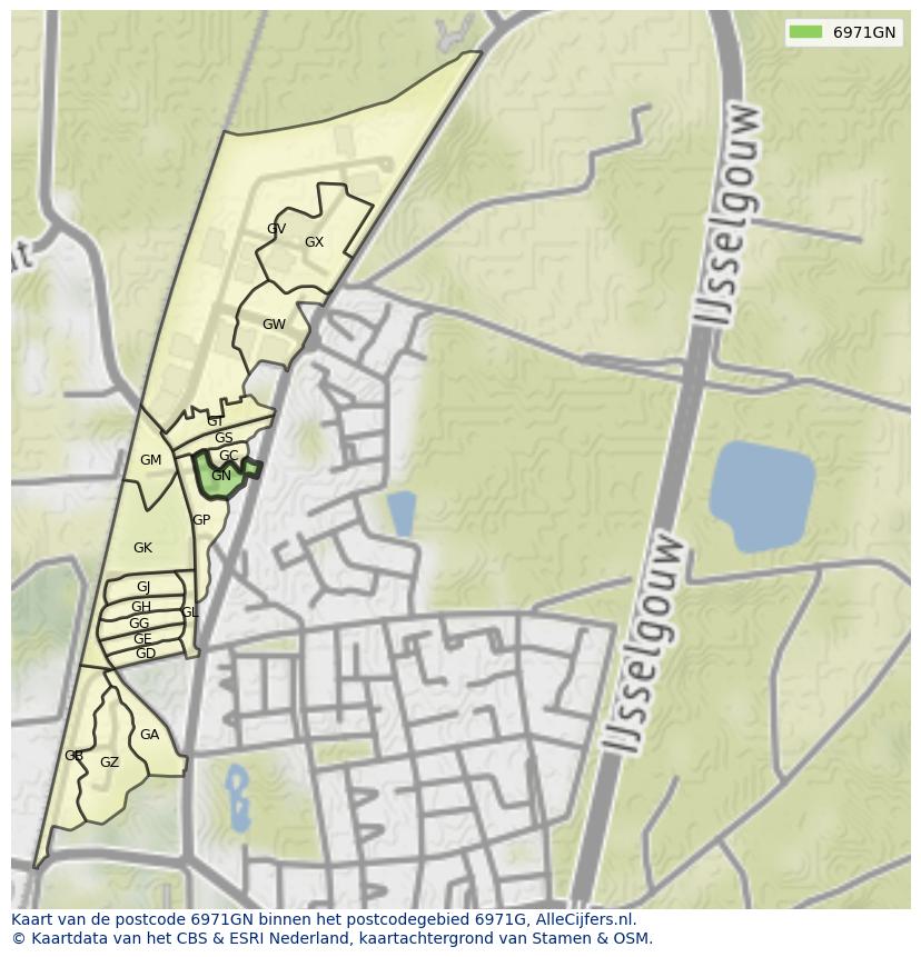 Afbeelding van het postcodegebied 6971 GN op de kaart.