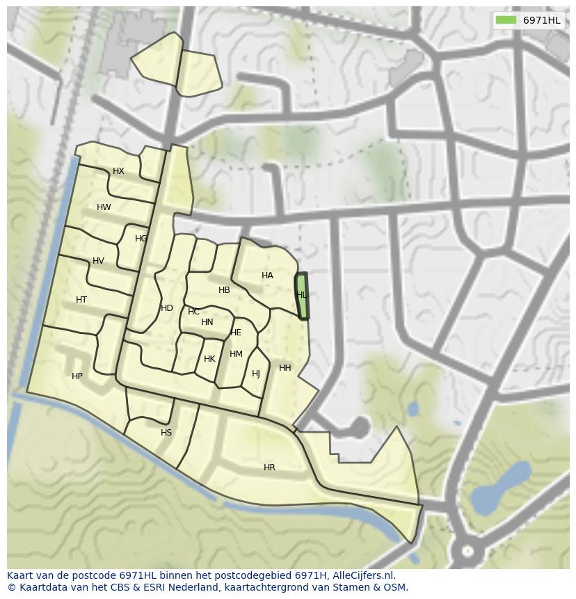 Afbeelding van het postcodegebied 6971 HL op de kaart.