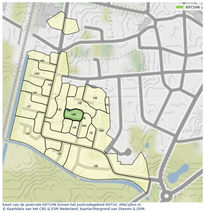 Afbeelding van het postcodegebied 6971 HN op de kaart.