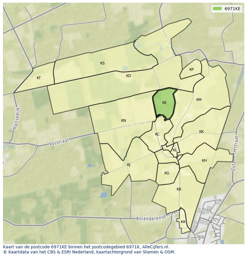 Afbeelding van het postcodegebied 6971 KE op de kaart.