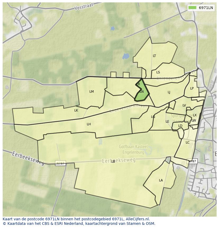 Afbeelding van het postcodegebied 6971 LN op de kaart.