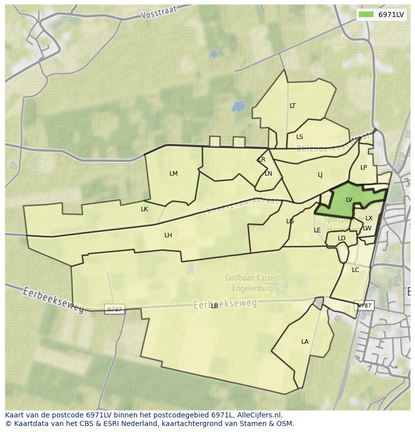 Afbeelding van het postcodegebied 6971 LV op de kaart.