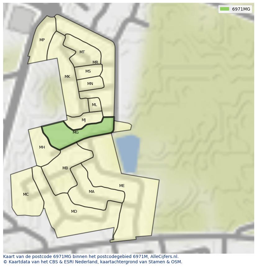 Afbeelding van het postcodegebied 6971 MG op de kaart.