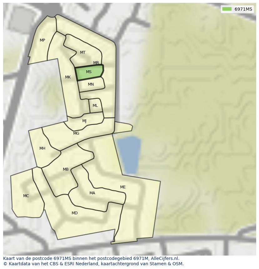 Afbeelding van het postcodegebied 6971 MS op de kaart.
