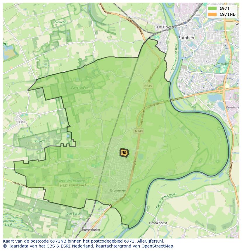 Afbeelding van het postcodegebied 6971 NB op de kaart.