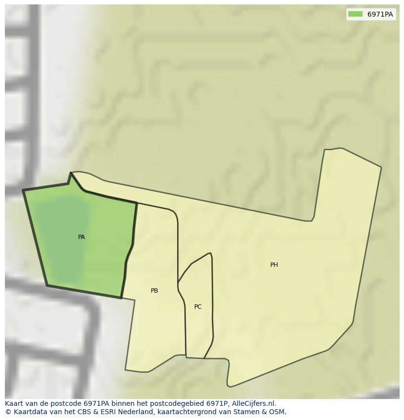 Afbeelding van het postcodegebied 6971 PA op de kaart.