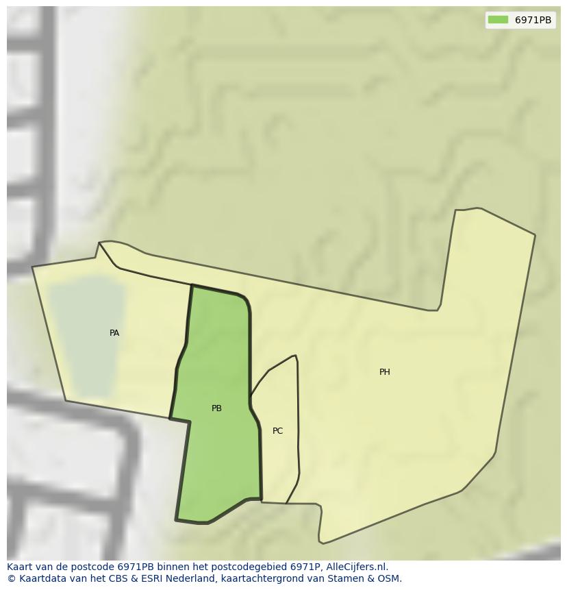 Afbeelding van het postcodegebied 6971 PB op de kaart.