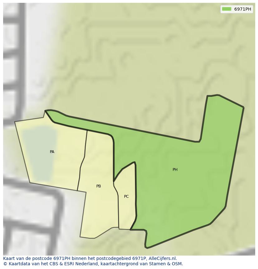 Afbeelding van het postcodegebied 6971 PH op de kaart.