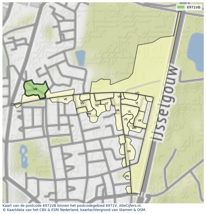 Afbeelding van het postcodegebied 6971 VB op de kaart.