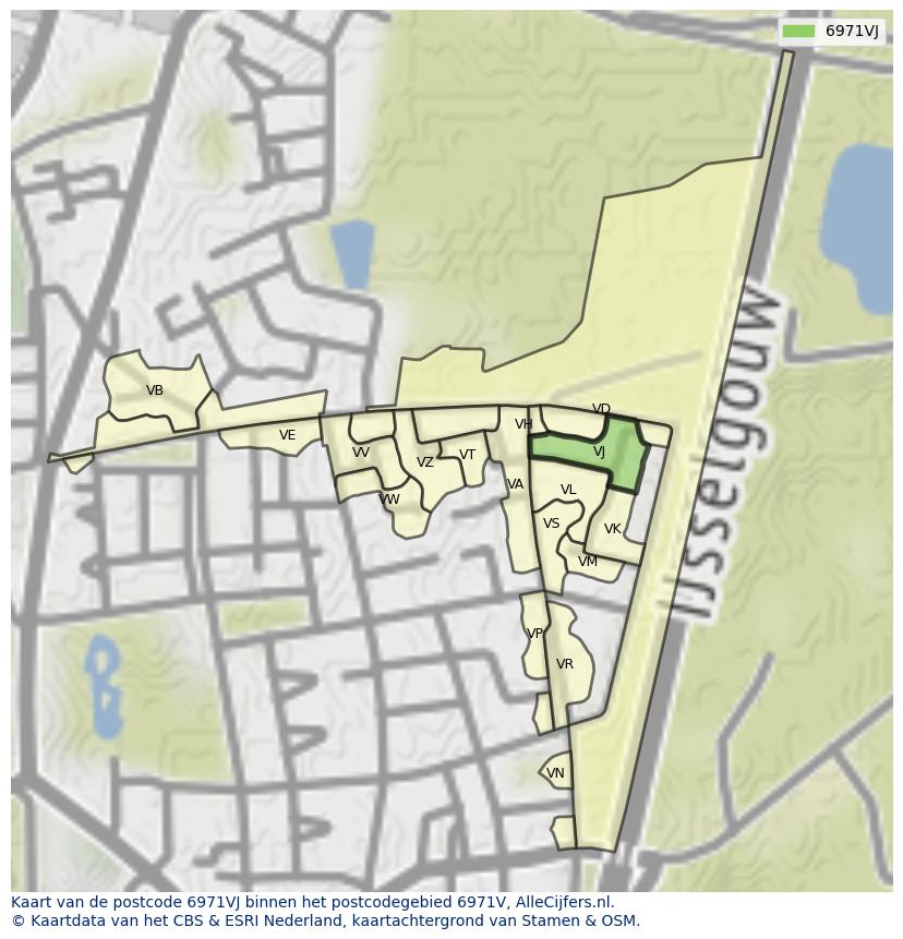 Afbeelding van het postcodegebied 6971 VJ op de kaart.