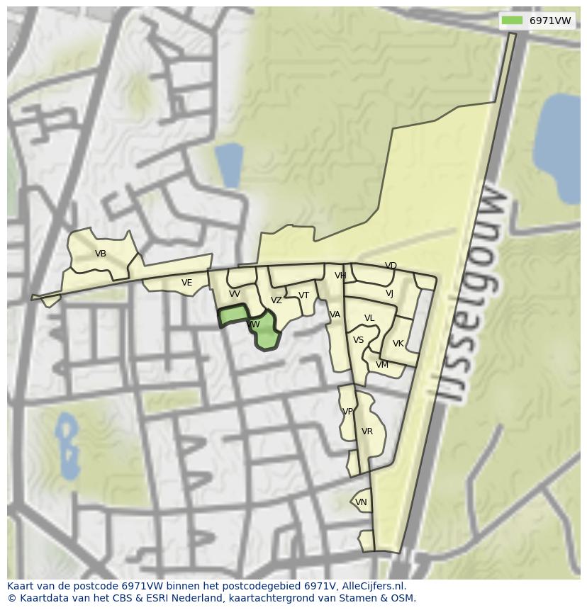 Afbeelding van het postcodegebied 6971 VW op de kaart.