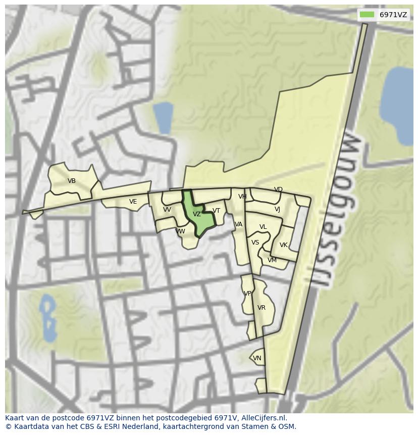 Afbeelding van het postcodegebied 6971 VZ op de kaart.