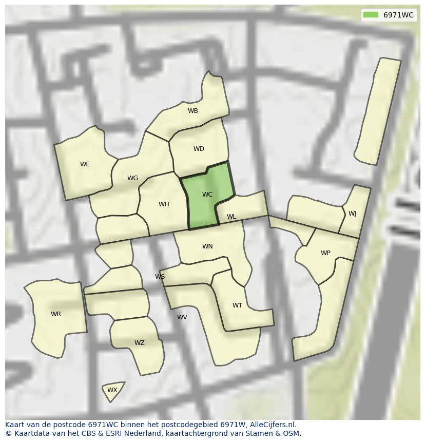 Afbeelding van het postcodegebied 6971 WC op de kaart.