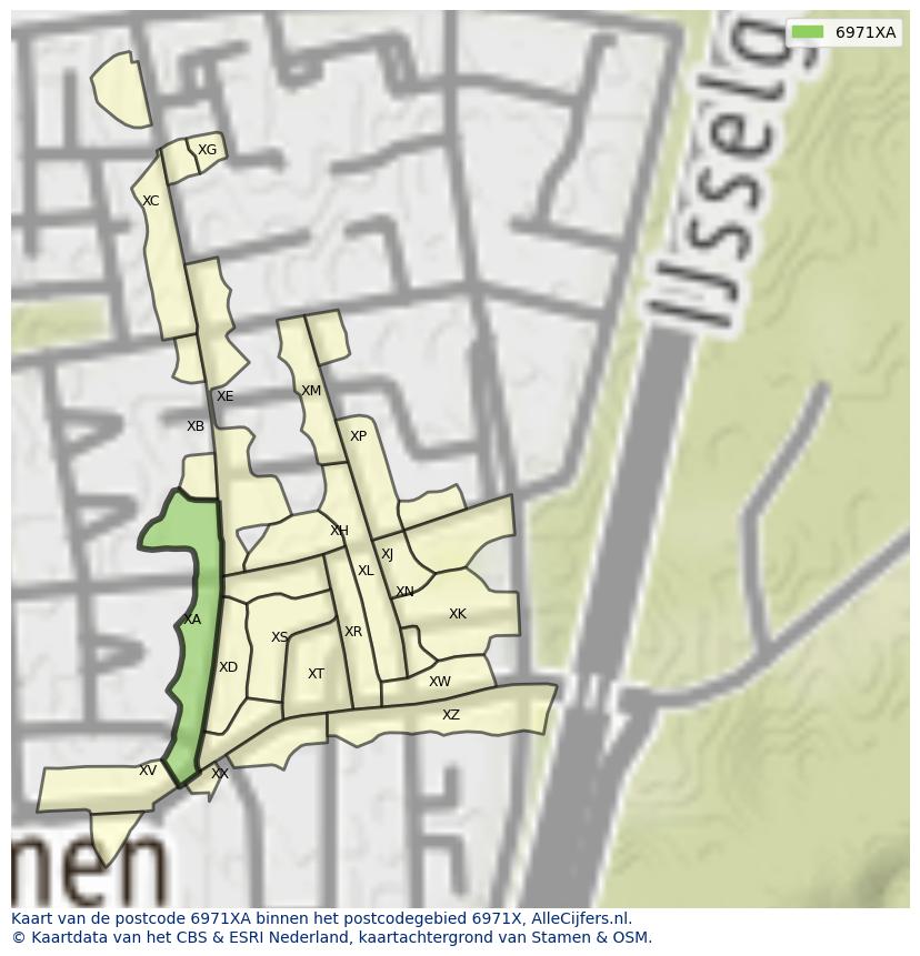 Afbeelding van het postcodegebied 6971 XA op de kaart.