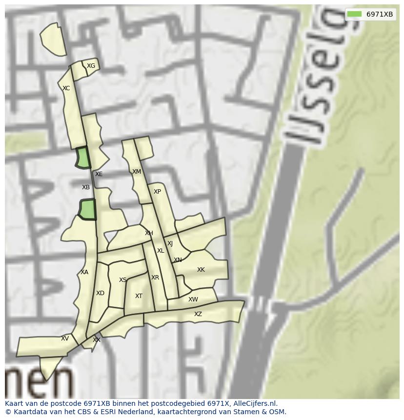 Afbeelding van het postcodegebied 6971 XB op de kaart.