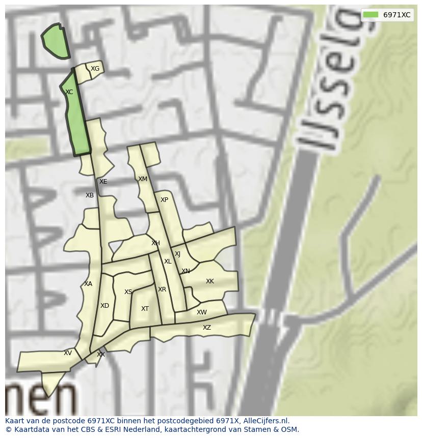 Afbeelding van het postcodegebied 6971 XC op de kaart.