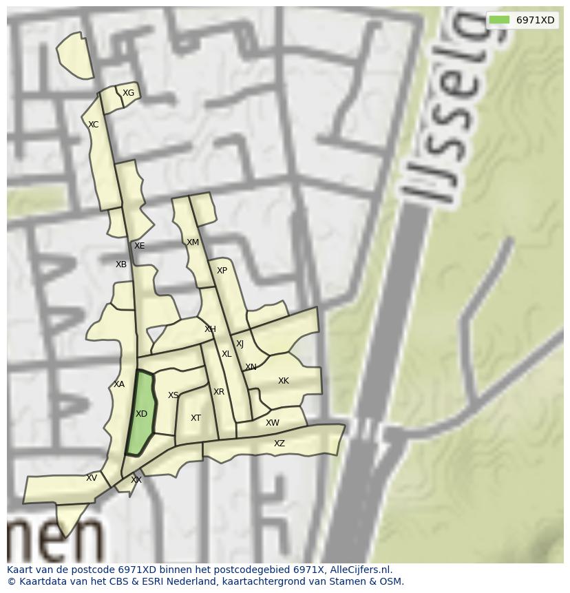 Afbeelding van het postcodegebied 6971 XD op de kaart.