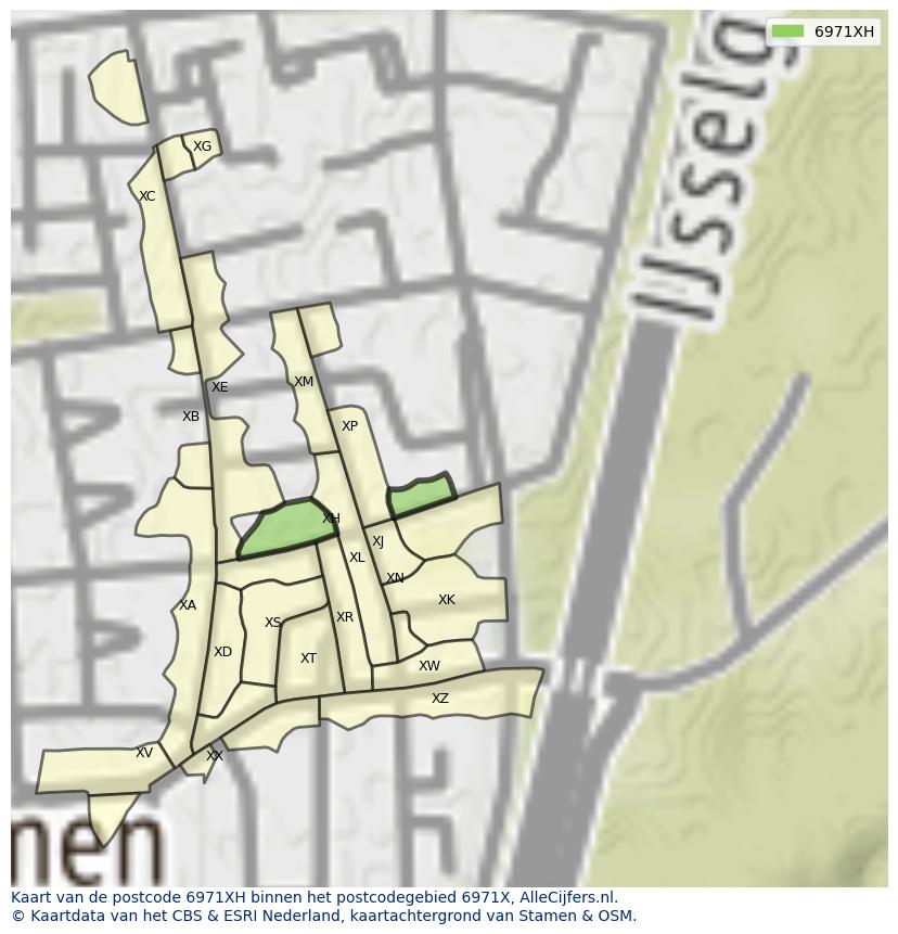 Afbeelding van het postcodegebied 6971 XH op de kaart.