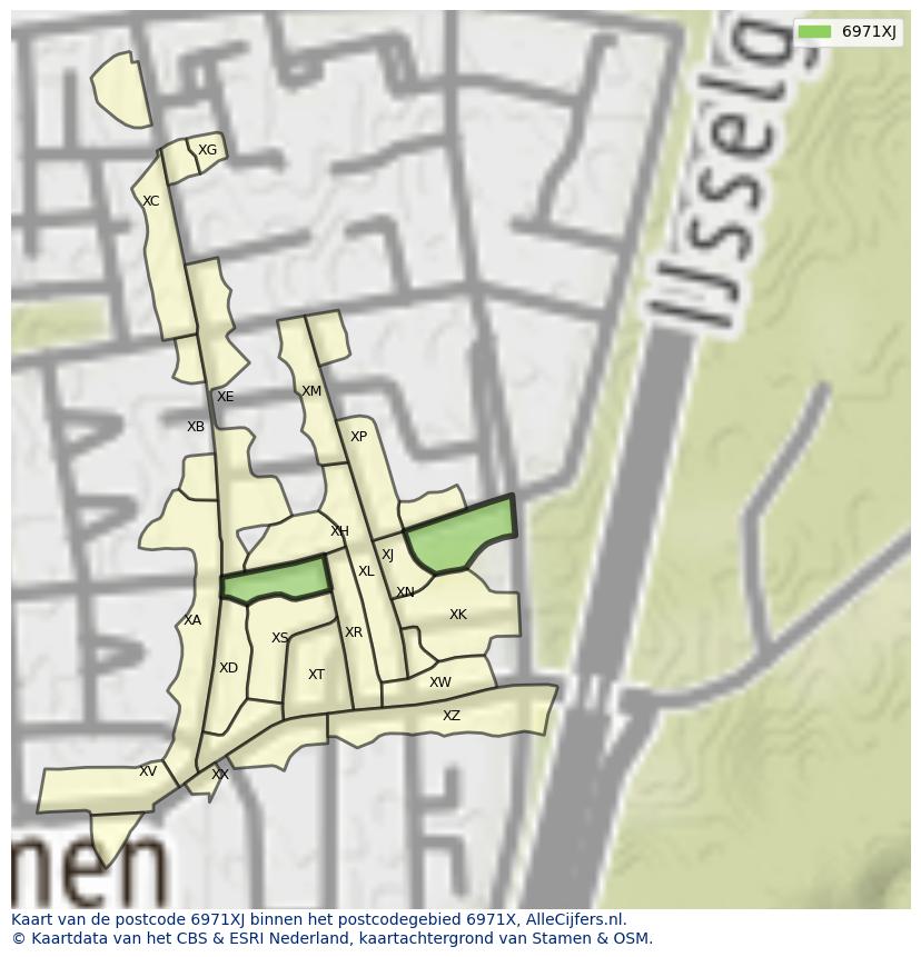 Afbeelding van het postcodegebied 6971 XJ op de kaart.