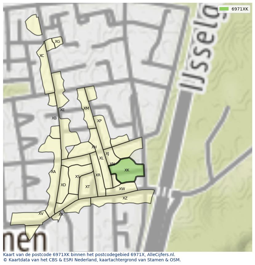 Afbeelding van het postcodegebied 6971 XK op de kaart.