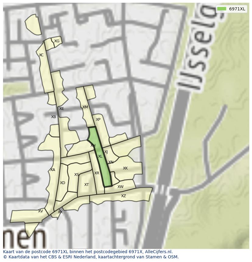 Afbeelding van het postcodegebied 6971 XL op de kaart.