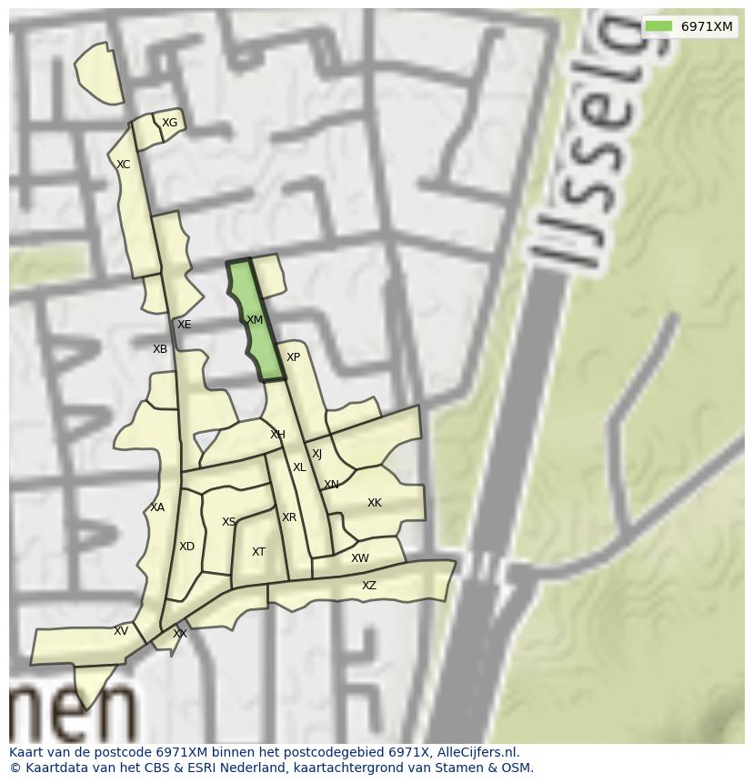 Afbeelding van het postcodegebied 6971 XM op de kaart.