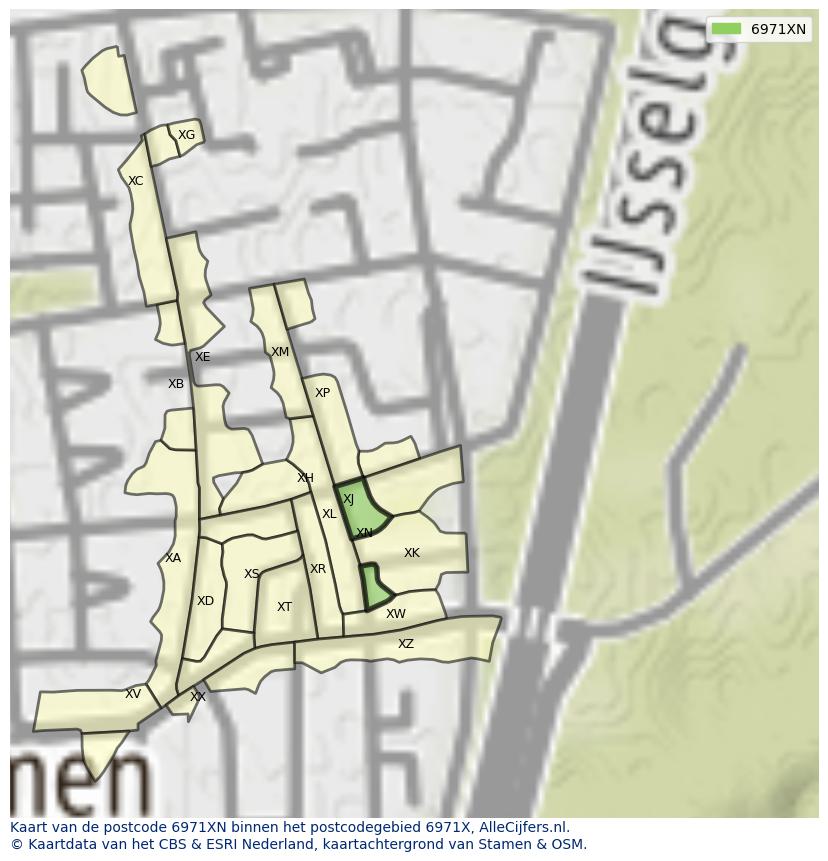 Afbeelding van het postcodegebied 6971 XN op de kaart.