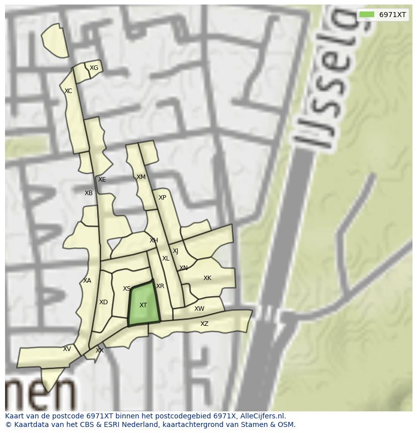 Afbeelding van het postcodegebied 6971 XT op de kaart.